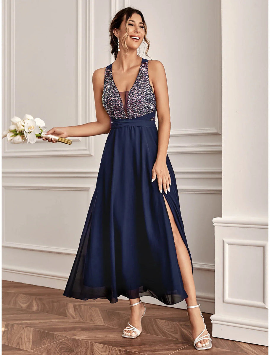 NumberSea - A - Line Wedding Guest Dresses Sparkle & Shine Dress Holiday Cocktail Party Ankle Length Sleeveless V Neck Sequined with Sequin Slit