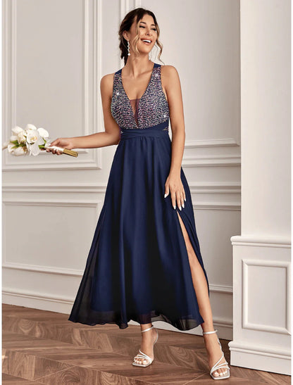 NumberSea - A - Line Wedding Guest Dresses Sparkle & Shine Dress Holiday Cocktail Party Ankle Length Sleeveless V Neck Sequined with Sequin Slit