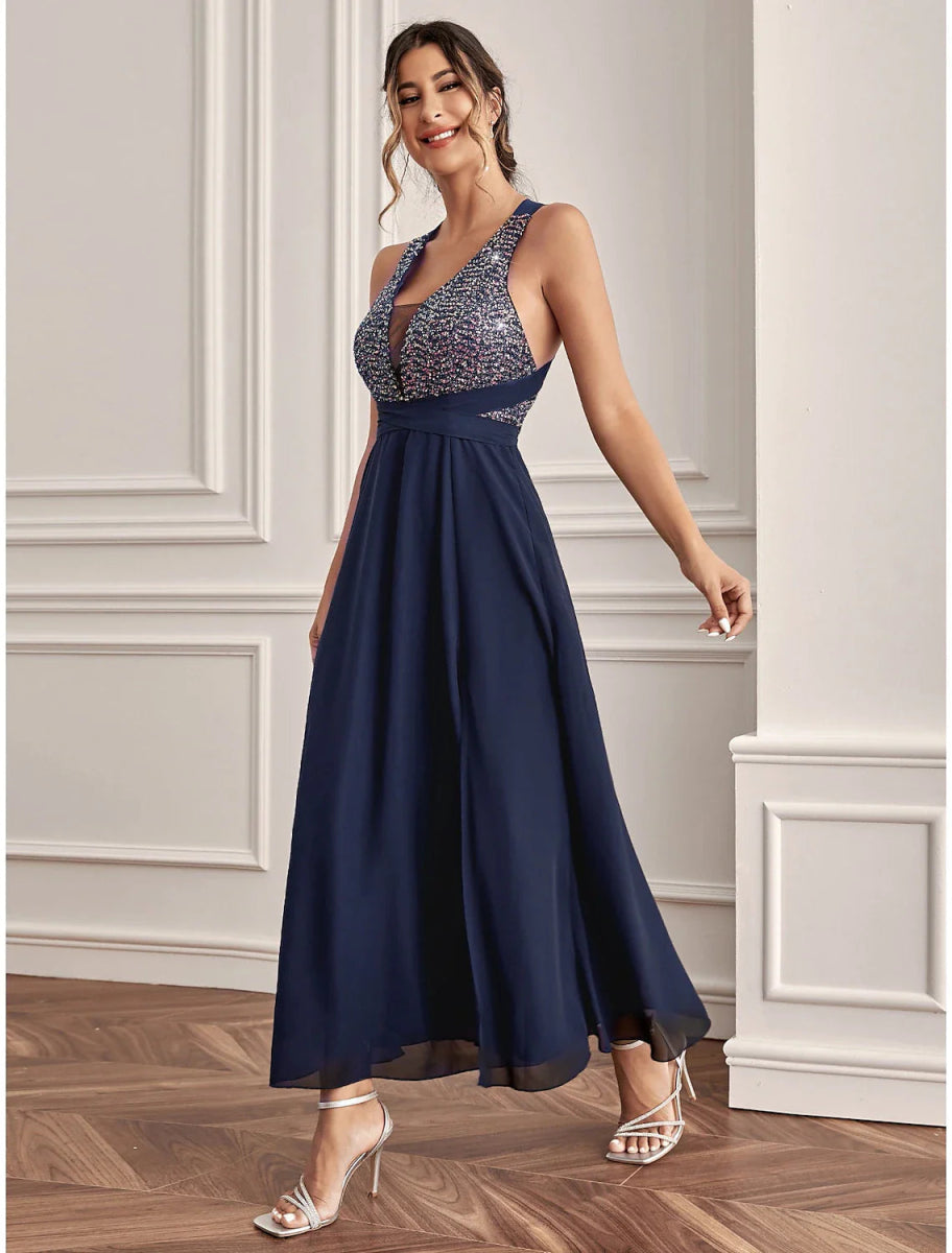 NumberSea - A - Line Wedding Guest Dresses Sparkle & Shine Dress Holiday Cocktail Party Ankle Length Sleeveless V Neck Sequined with Sequin Slit