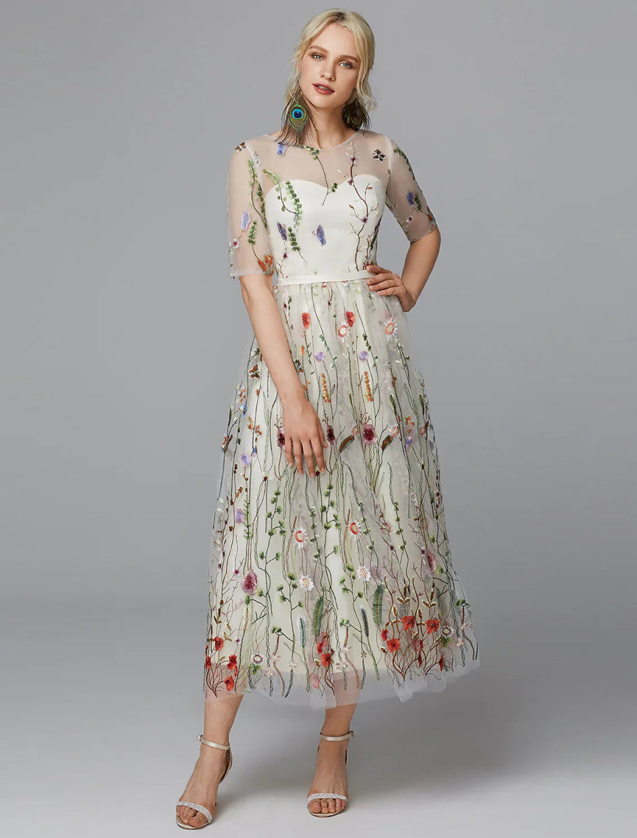 NumberSea - A - Line White Dress Holiday Tea Length Half Sleeve Illusion Neck Lace with Embroidery Appliques