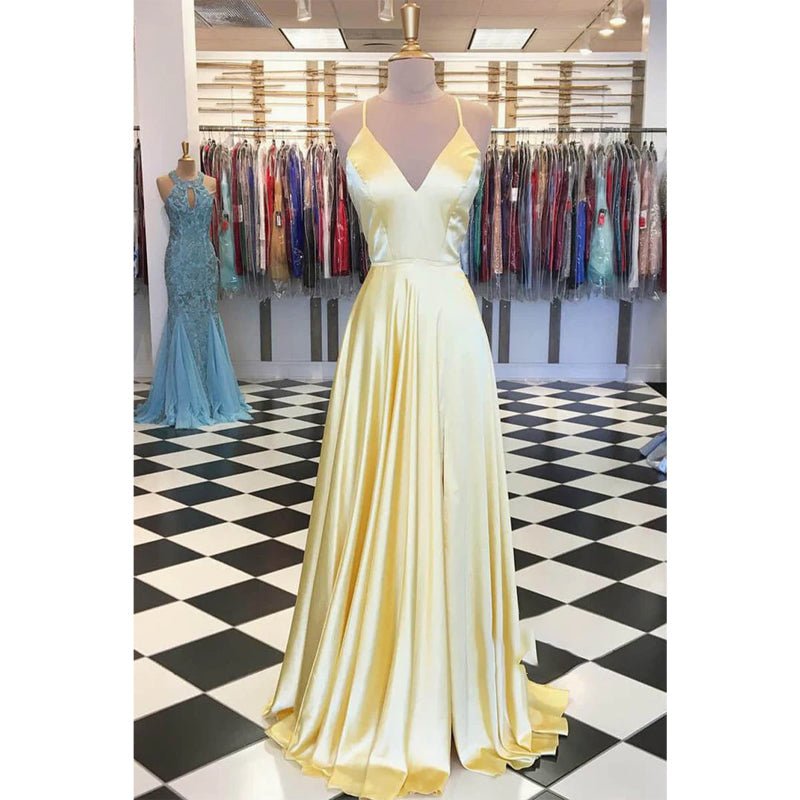 NumberSea - A - line Yellow Stretch Satin V - neck Simple Long Prom Dress Pageant Dress