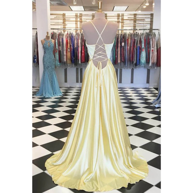 NumberSea - A - line Yellow Stretch Satin V - neck Simple Long Prom Dress Pageant Dress