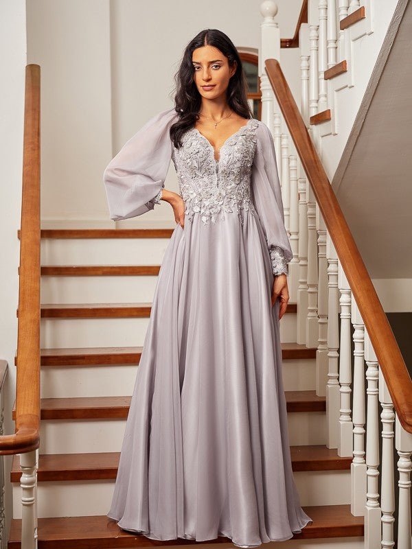 NumberSea - A - Line/Princess 30D Chiffon Applique V - neck Long Sleeves Floor - Length Dresses