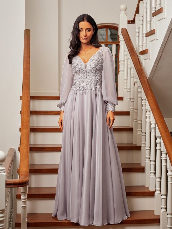 NumberSea - A - Line/Princess 30D Chiffon Applique V - neck Long Sleeves Floor - Length Dresses