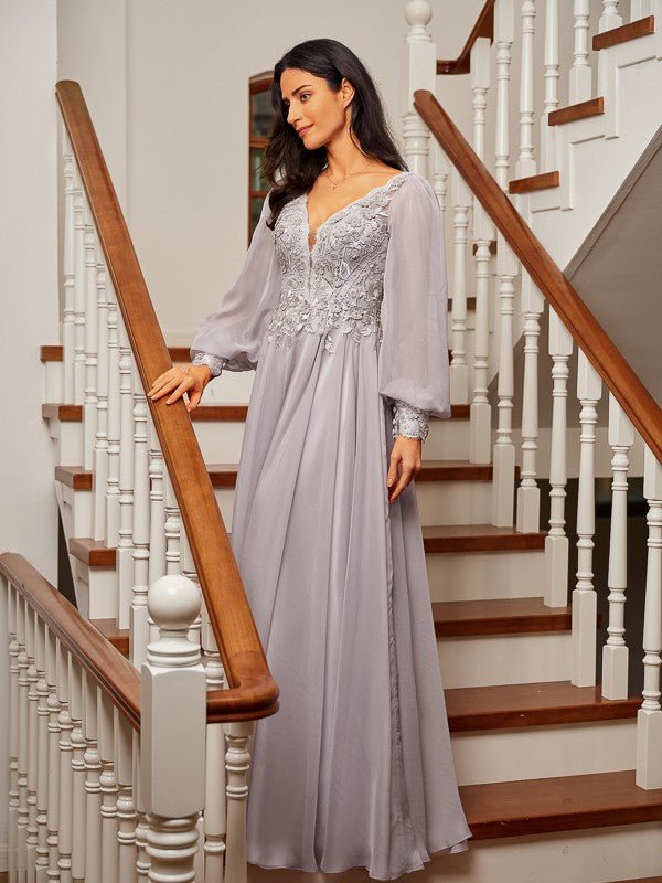 NumberSea - A - Line/Princess 30D Chiffon Applique V - neck Long Sleeves Floor - Length Dresses