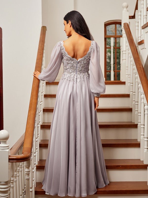 NumberSea - A - Line/Princess 30D Chiffon Applique V - neck Long Sleeves Floor - Length Dresses