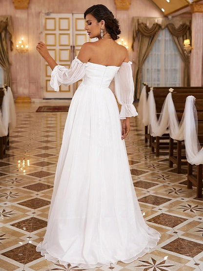 NumberSea - A - Line/Princess 30D Chiffon Ruched Off - the - Shoulder Long Sleeves Sweep/Brush Train Wedding Dresses