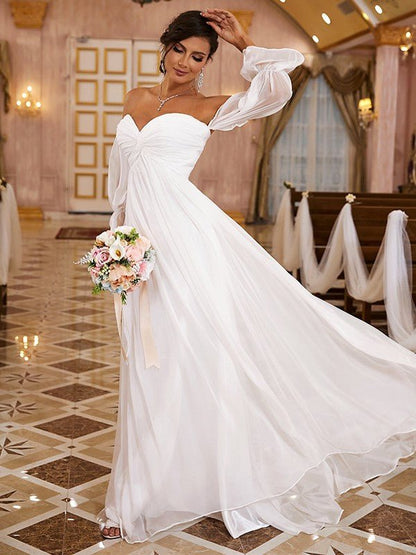 NumberSea - A - Line/Princess 30D Chiffon Ruched Off - the - Shoulder Long Sleeves Sweep/Brush Train Wedding Dresses