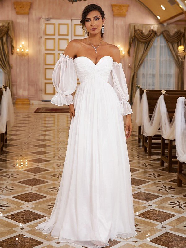 NumberSea - A - Line/Princess 30D Chiffon Ruched Off - the - Shoulder Long Sleeves Sweep/Brush Train Wedding Dresses