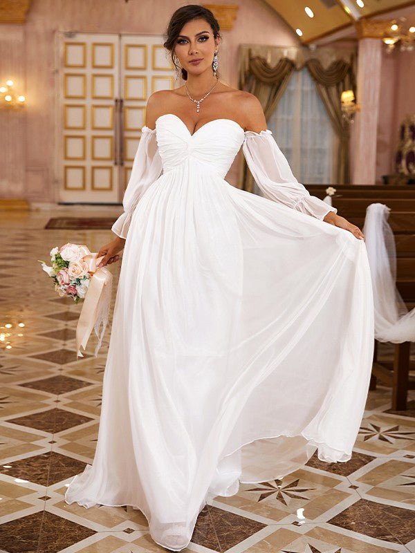 NumberSea - A - Line/Princess 30D Chiffon Ruched Off - the - Shoulder Long Sleeves Sweep/Brush Train Wedding Dresses