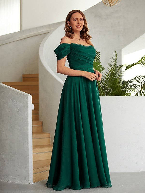 NumberSea - A - Line/Princess 30D Chiffon Ruched Off - the - Shoulder Sleeveless Floor - Length Dresses