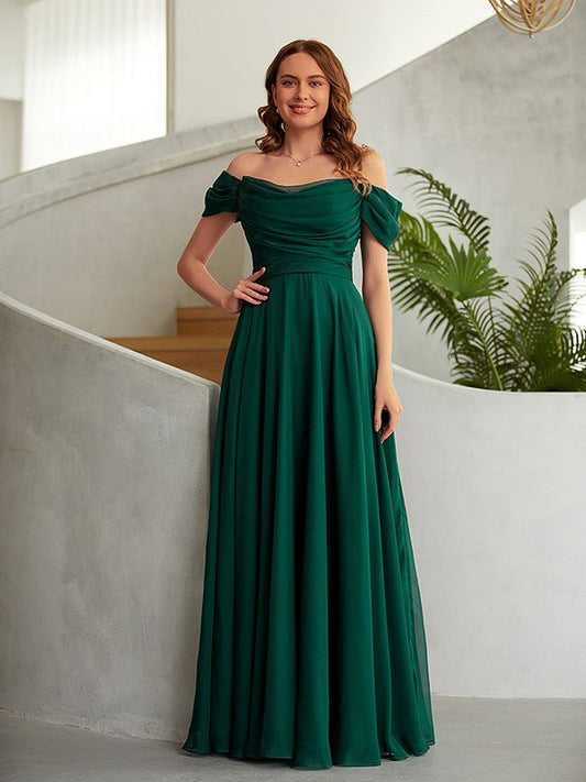 NumberSea - A - Line/Princess 30D Chiffon Ruched Off - the - Shoulder Sleeveless Floor - Length Dresses