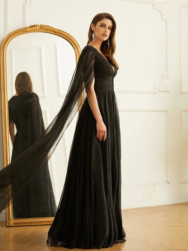 NumberSea - A - Line/Princess 30D Chiffon Ruched V - neck Long Sleeves Floor - Length Dresses