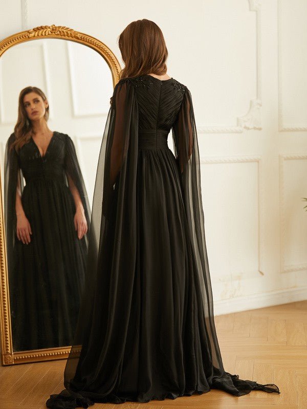 NumberSea - A - Line/Princess 30D Chiffon Ruched V - neck Long Sleeves Floor - Length Dresses