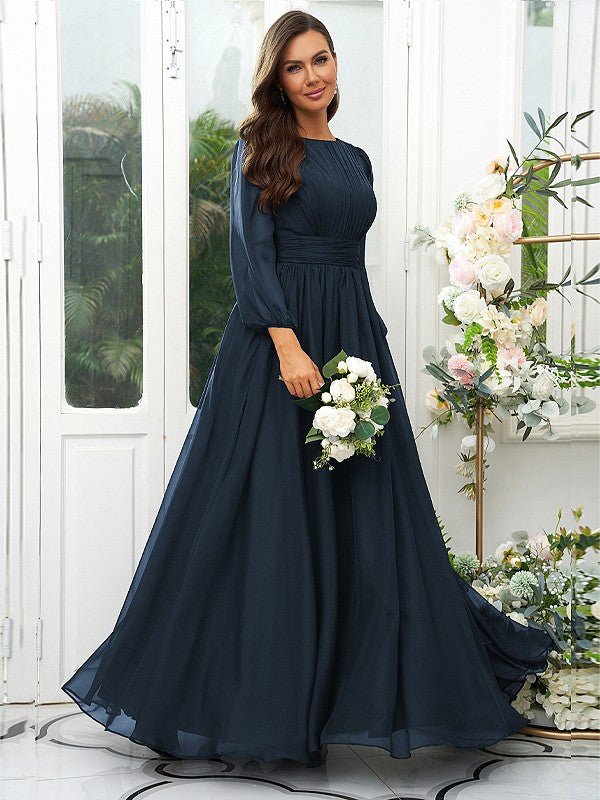 NumberSea - A - Line/Princess 30D Chiffon Ruffles Scoop Long Sleeves Floor - Length Bridesmaid Dresses