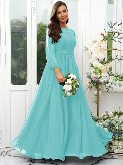 NumberSea - A - Line/Princess 30D Chiffon Ruffles Scoop Long Sleeves Floor - Length Bridesmaid Dresses