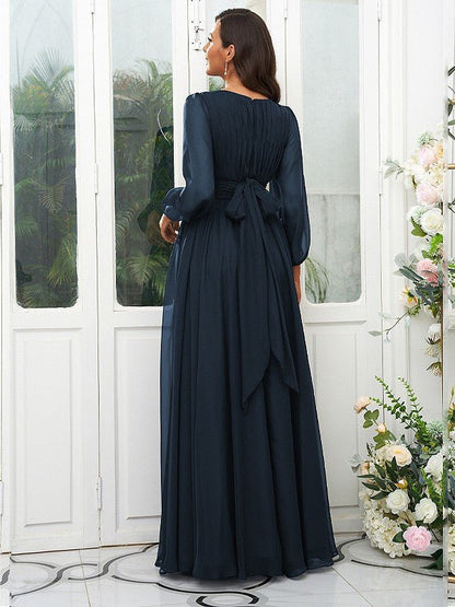 NumberSea - A - Line/Princess 30D Chiffon Ruffles Scoop Long Sleeves Floor - Length Bridesmaid Dresses