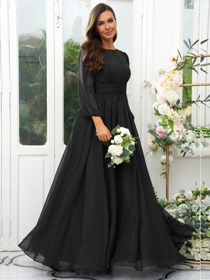 NumberSea - A - Line/Princess 30D Chiffon Ruffles Scoop Long Sleeves Floor - Length Bridesmaid Dresses