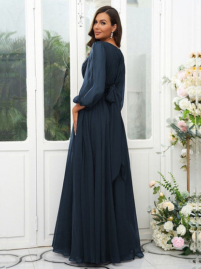 NumberSea - A - Line/Princess 30D Chiffon Ruffles Scoop Long Sleeves Floor - Length Bridesmaid Dresses