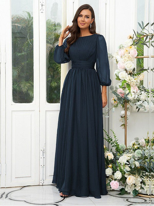 NumberSea - A - Line/Princess 30D Chiffon Ruffles Scoop Long Sleeves Floor - Length Bridesmaid Dresses