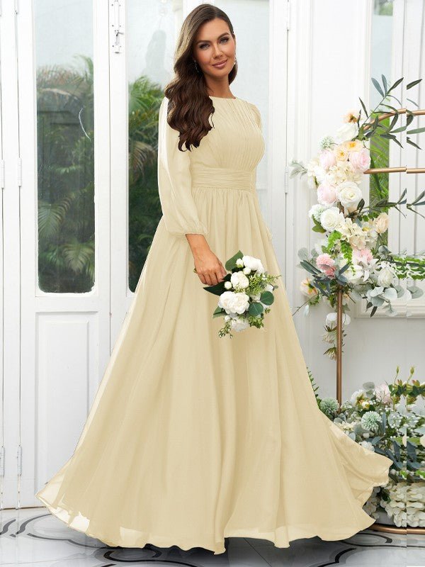 NumberSea - A - Line/Princess 30D Chiffon Ruffles Scoop Long Sleeves Floor - Length Bridesmaid Dresses