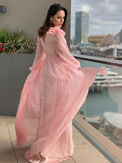 NumberSea - A - Line/Princess 30D Chiffon Ruffles V - neck Long Sleeves Sweep/Brush Train Dresses