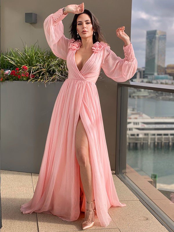 NumberSea - A - Line/Princess 30D Chiffon Ruffles V - neck Long Sleeves Sweep/Brush Train Dresses