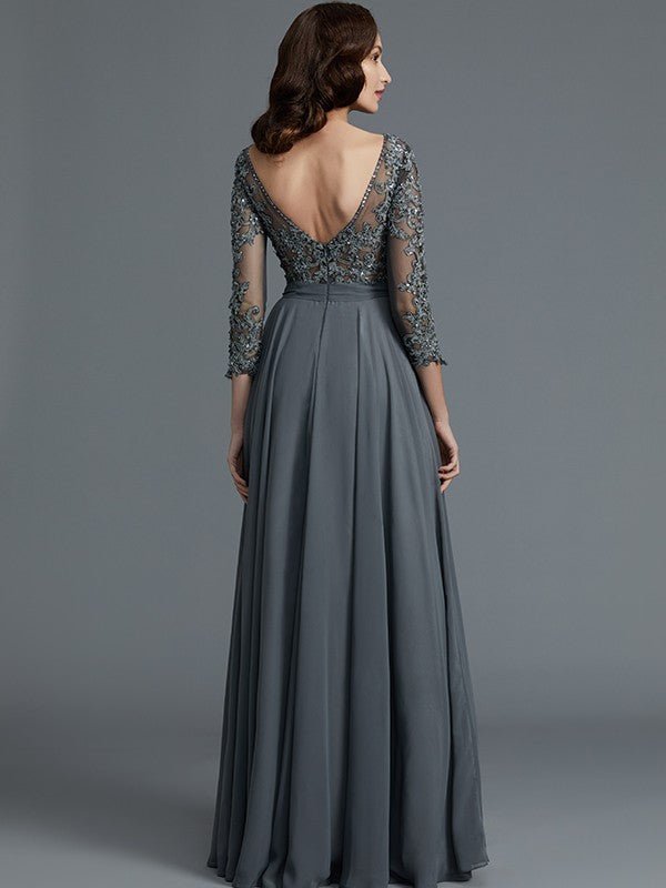 NumberSea - A - Line/Princess 3/4 Sleeves Bateau Floor - Length Chiffon Mother of the Bride Dresses