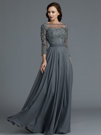 NumberSea - A - Line/Princess 3/4 Sleeves Bateau Floor - Length Chiffon Mother of the Bride Dresses