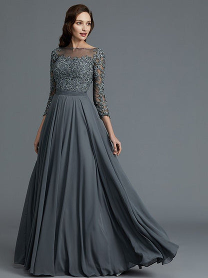 NumberSea - A - Line/Princess 3/4 Sleeves Bateau Floor - Length Chiffon Mother of the Bride Dresses