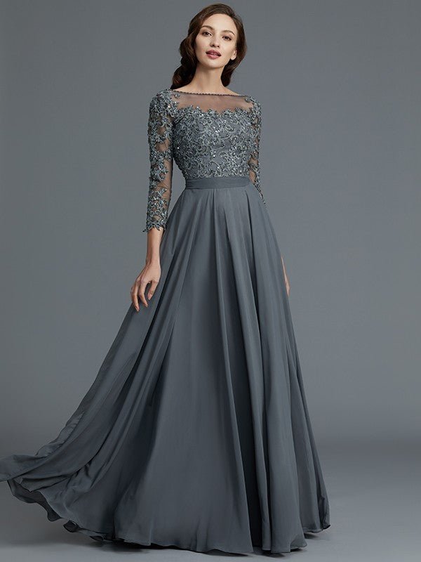 NumberSea - A - Line/Princess 3/4 Sleeves Bateau Floor - Length Chiffon Mother of the Bride Dresses