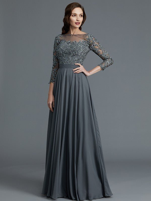 NumberSea - A - Line/Princess 3/4 Sleeves Bateau Floor - Length Chiffon Mother of the Bride Dresses