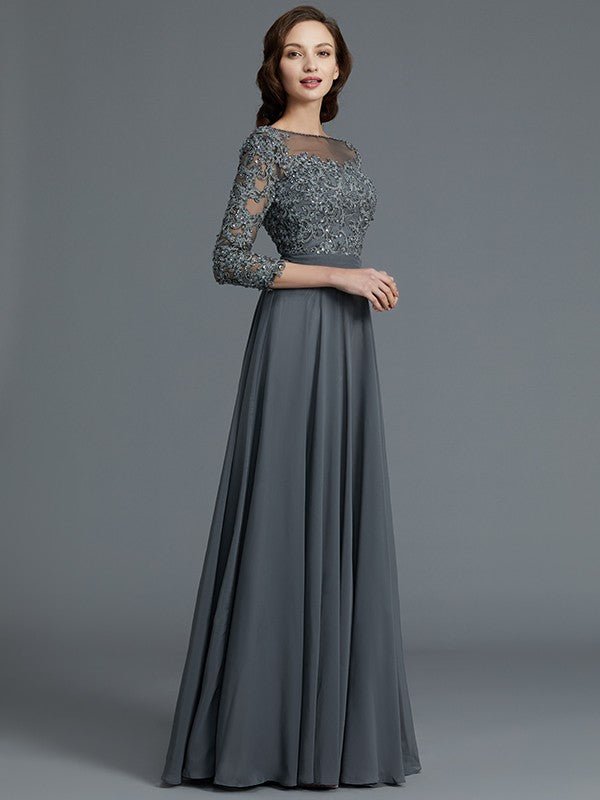 NumberSea - A - Line/Princess 3/4 Sleeves Bateau Floor - Length Chiffon Mother of the Bride Dresses