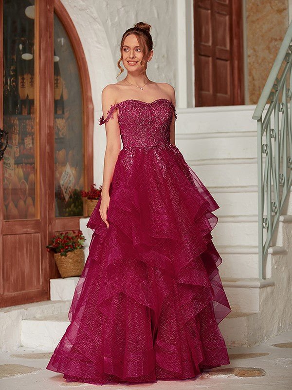 NumberSea - A - Line/Princess Applique Off - the - Shoulder Sleeveless Floor - Length Dresses