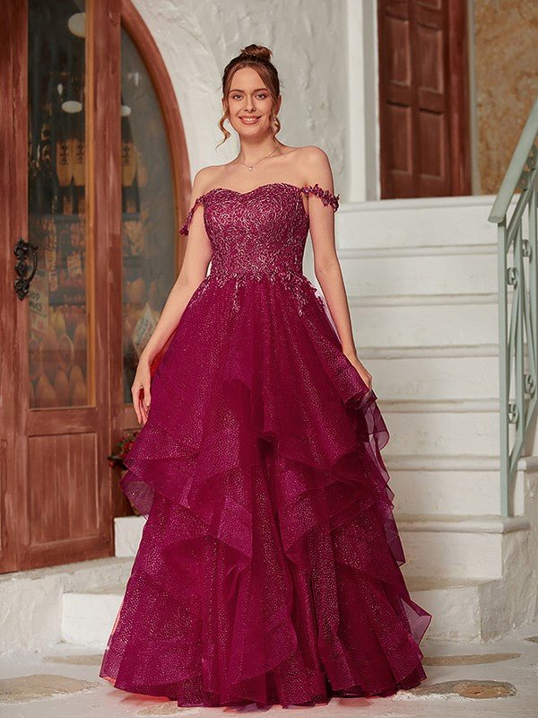 NumberSea - A - Line/Princess Applique Off - the - Shoulder Sleeveless Floor - Length Dresses