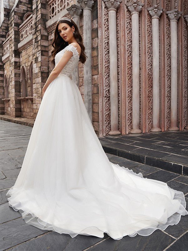 NumberSea - A - Line/Princess Applique Off - the - Shoulder Sleeveless Tulle Court Train Wedding Dresses