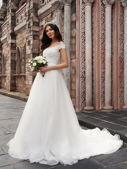 NumberSea - A - Line/Princess Applique Off - the - Shoulder Sleeveless Tulle Court Train Wedding Dresses