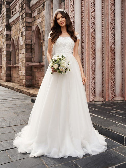 NumberSea - A - Line/Princess Applique Off - the - Shoulder Sleeveless Tulle Court Train Wedding Dresses