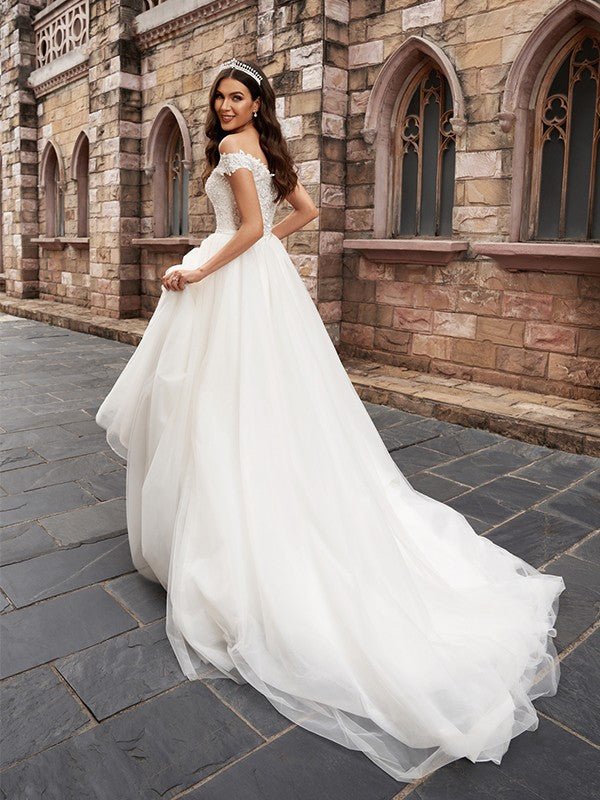 NumberSea - A - Line/Princess Applique Off - the - Shoulder Sleeveless Tulle Court Train Wedding Dresses