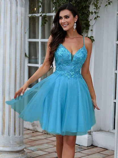 NumberSea - A - Line/Princess Applique V - neck Sleeveless Short/Mini Dresses