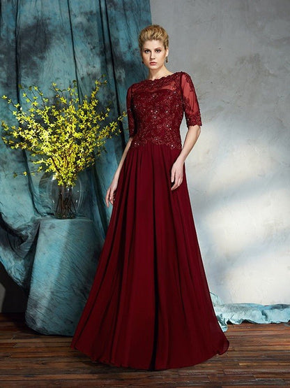 NumberSea - A - Line/Princess Bateau Applique 1/2 Sleeves Long Chiffon Mother of the Bride Dresses