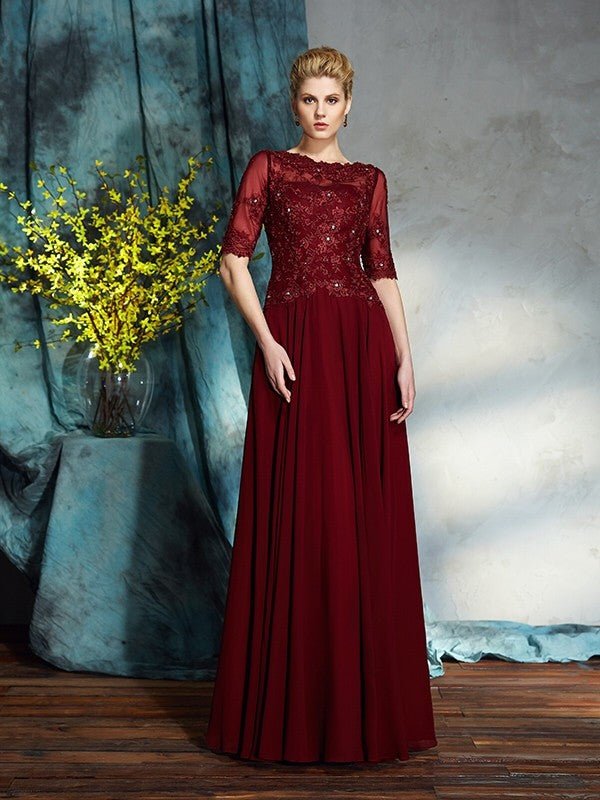 NumberSea - A - Line/Princess Bateau Applique 1/2 Sleeves Long Chiffon Mother of the Bride Dresses