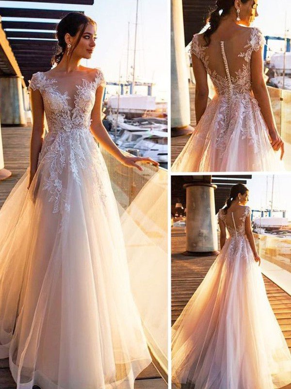 NumberSea - A - Line/Princess Bateau Applique Short Sleeves Sweep/Brush Train Tulle Wedding Dresses