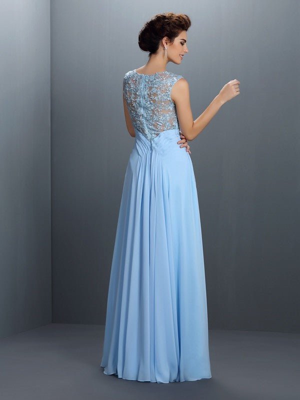 NumberSea - A - Line/Princess Bateau Applique Sleeveless Long Chiffon Dresses