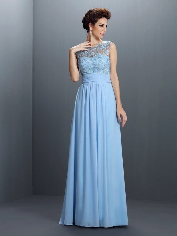 NumberSea - A - Line/Princess Bateau Applique Sleeveless Long Chiffon Dresses