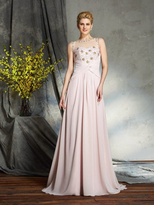 NumberSea - A - Line/Princess Bateau Applique Sleeveless Long Chiffon Mother of the Bride Dresses