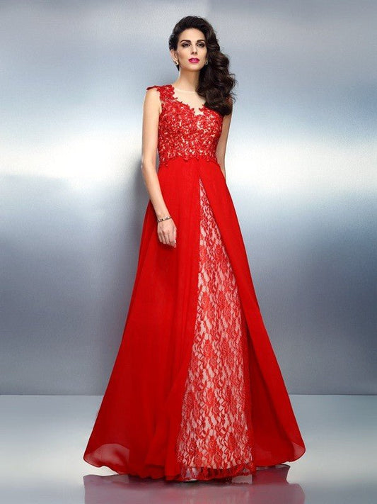 NumberSea - A - Line/Princess Bateau Applique Sleeveless Long Net Dresses