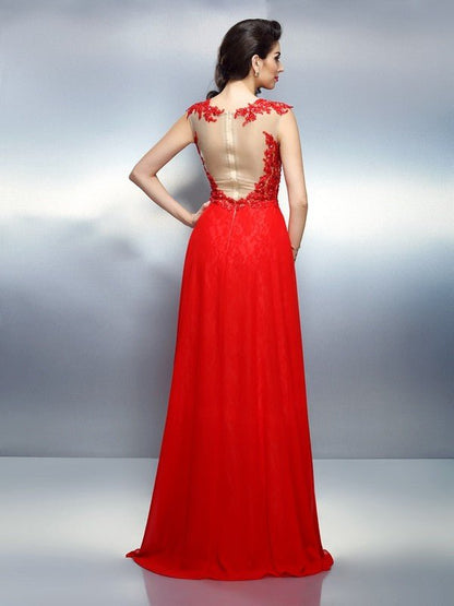 NumberSea - A - Line/Princess Bateau Applique Sleeveless Long Net Dresses