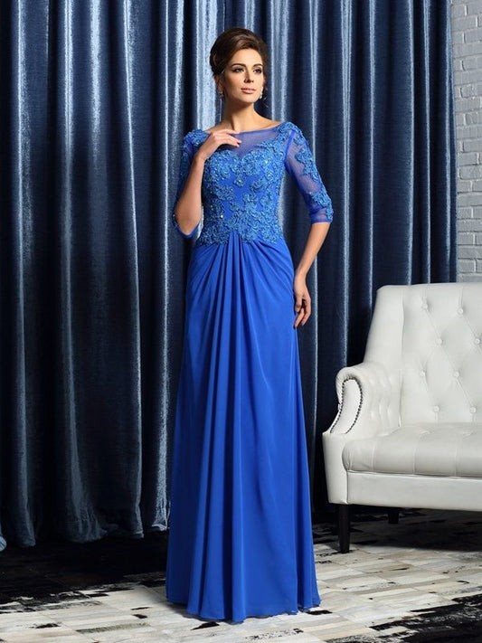 NumberSea - A - Line/Princess Bateau Beading 1/2 Sleeves Long Chiffon Mother of the Bride Dresses