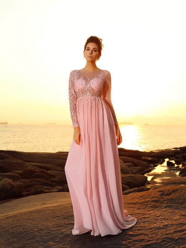 NumberSea - A - Line/Princess Bateau Beading Long Sleeves Long Chiffon Dresses